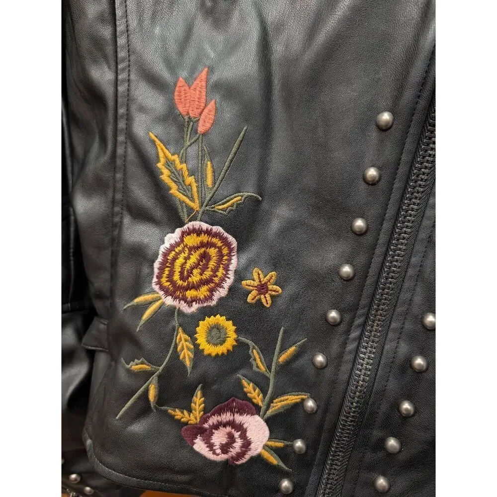 Embroidered Studded Moto Faux Leather Jacket Women's Large Sugarlips - Picture 3 of 16